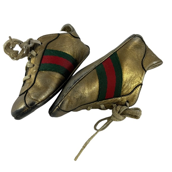 GUCCI Gold Leather Web Low Top Baby Sneakers Made in Italy Marked as 19 - 3.5 US - Picture 8 of 11